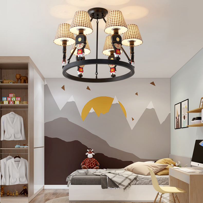 Brown Fabric Tapered Chandelier with Cartoon Man 6 Lights Kids Hanging Lamp Fixture for Bedroom Clearhalo 'Ceiling Lights' 'Chandeliers' Lighting' options 82672