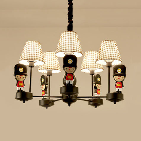 Brown Fabric Tapered Chandelier with Cartoon Man 6 Lights Kids Hanging Lamp Fixture for Bedroom Clearhalo 'Ceiling Lights' 'Chandeliers' Lighting' options 82673