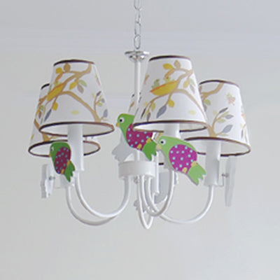 Animal Tapered Shade Hanging Lamp with Bird 5 Lights Fabric Hanging Chandelier in White for Living Room Clearhalo 'Ceiling Lights' 'Chandeliers' Lighting' options 82682