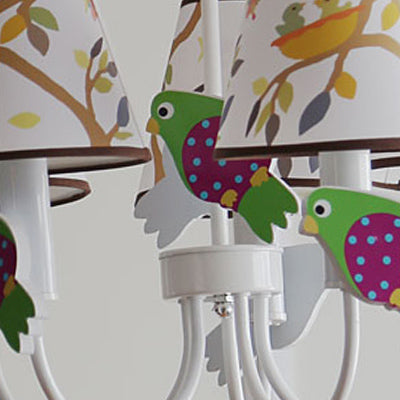 Animal Tapered Shade Hanging Lamp with Bird 5 Lights Fabric Hanging Chandelier in White for Living Room Clearhalo 'Ceiling Lights' 'Chandeliers' Lighting' options 82683