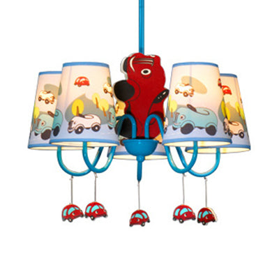 Kindergarten Tapered Shade Hanging Ceiling Lamp with Car Fabric Cartoon Chandelier in Blue Clearhalo 'Ceiling Lights' 'Chandeliers' Lighting' options 82710
