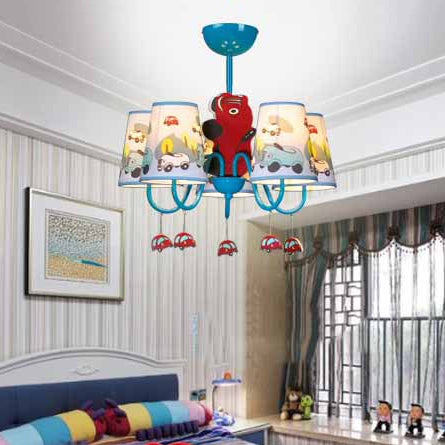 Kindergarten Tapered Shade Hanging Ceiling Lamp with Car Fabric Cartoon Chandelier in Blue Clearhalo 'Ceiling Lights' 'Chandeliers' Lighting' options 82713