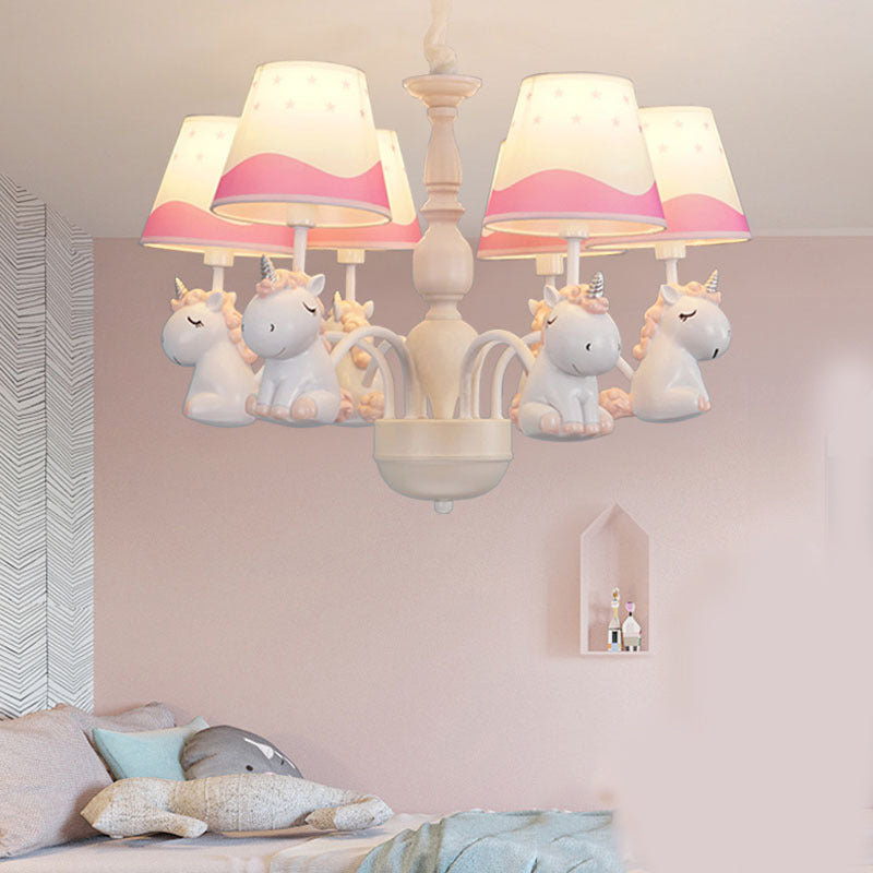 Fabric Tapered Shade Hanging Ceiling Lamp Nordic Unicorn Hanging Chandelier for Bedroom 6 Pink Clearhalo 'Ceiling Lights' 'Chandeliers' Lighting' options 82775_d7be734a-8c7e-4470-910f-e63222fd15c5