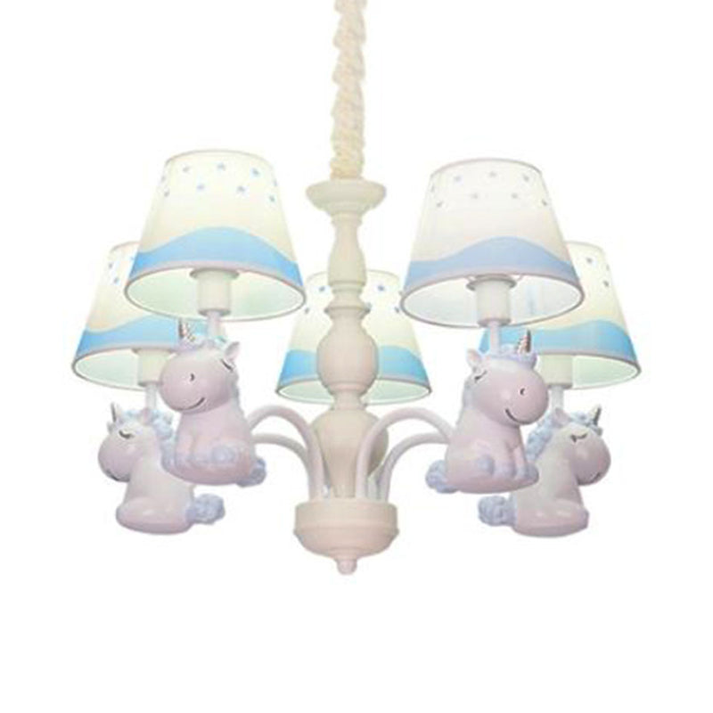 Fabric Tapered Shade Hanging Ceiling Lamp Nordic Unicorn Hanging Chandelier for Bedroom 5 Blue Clearhalo 'Ceiling Lights' 'Chandeliers' Lighting' options 82779_df8e29aa-7ec0-4854-8c81-cfe235741c81
