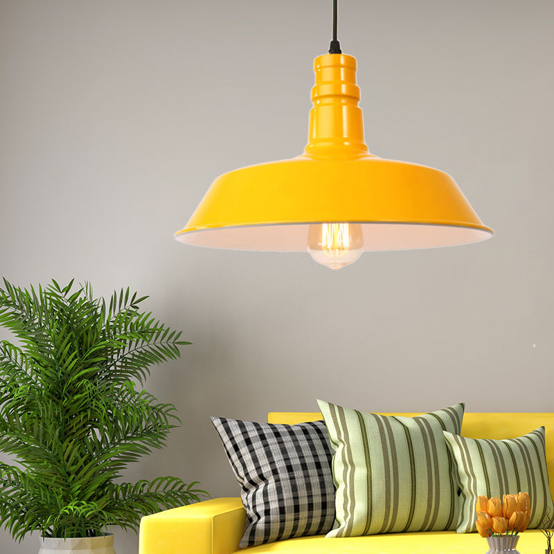 Metal Barn Shade Hanging Lamp Retro Style 1 Bulb Living Room Ceiling Pendant Fixture in Pink/Yellow, 10"/14"/18" Diameter Yellow Clearhalo 'Art Deco Pendants' 'Cast Iron' 'Ceiling Lights' 'Ceramic' 'Crystal' 'Industrial Pendants' 'Industrial' 'Metal' 'Middle Century Pendants' 'Pendant Lights' 'Pendants' 'Tiffany' Lighting' 84191