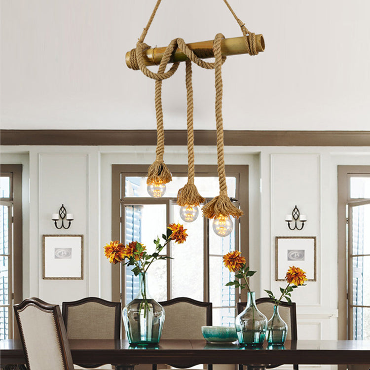 Country Adjustable Rope Island Light 3/4/6-Light Bamboo Island Pendant Light with Bare Bulb in Beige 3 Beige A Clearhalo 'Ceiling Lights' 'Island Lights' Lighting' 84372