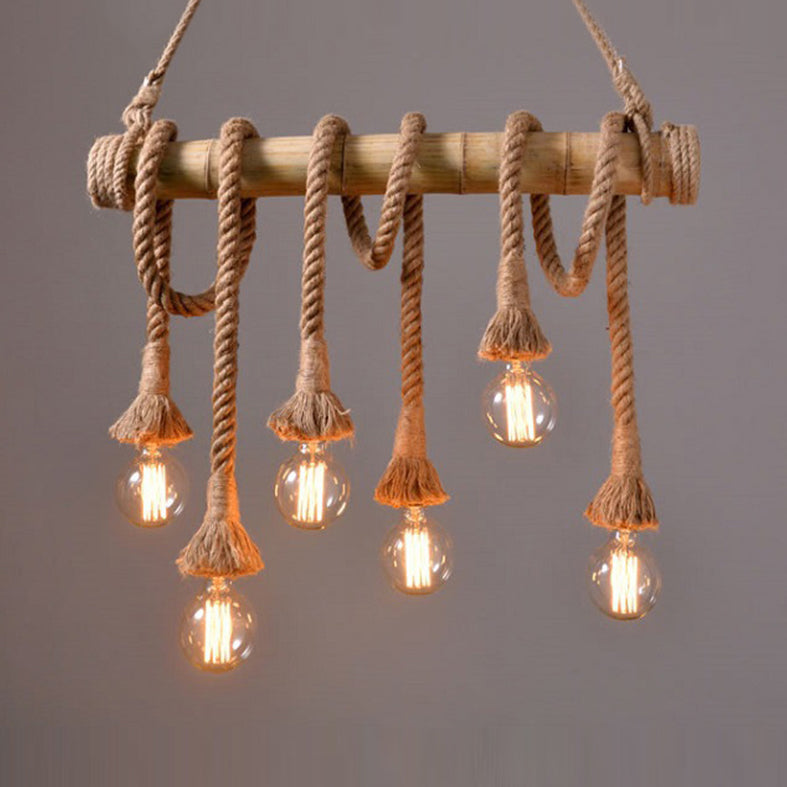 Country Adjustable Rope Island Light 3/4/6-Light Bamboo Island Pendant Light with Bare Bulb in Beige Clearhalo 'Ceiling Lights' 'Island Lights' Lighting' 84374