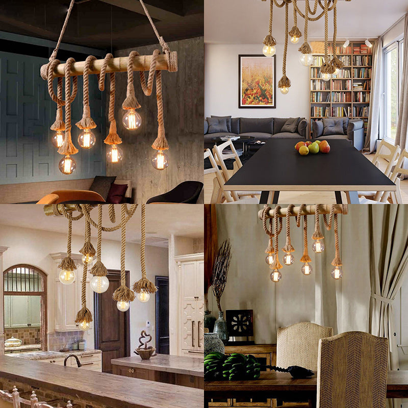 Country Adjustable Rope Island Light 3/4/6-Light Bamboo Island Pendant Light with Bare Bulb in Beige Clearhalo 'Ceiling Lights' 'Island Lights' Lighting' 84377