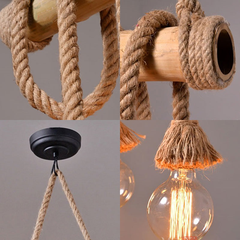 Country Adjustable Rope Island Light 3/4/6-Light Bamboo Island Pendant Light with Bare Bulb in Beige Clearhalo 'Ceiling Lights' 'Island Lights' Lighting' 84378