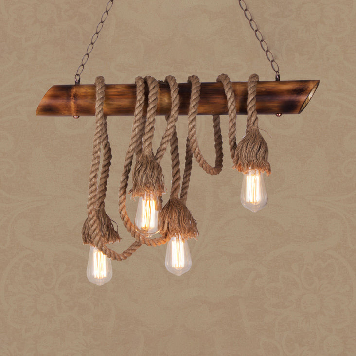 Country Adjustable Rope Island Light 3/4/6-Light Bamboo Island Pendant Light with Bare Bulb in Beige Clearhalo 'Ceiling Lights' 'Island Lights' Lighting' 84379