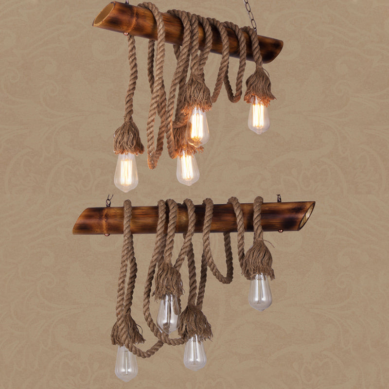 Country Adjustable Rope Island Light 3/4/6-Light Bamboo Island Pendant Light with Bare Bulb in Beige Clearhalo 'Ceiling Lights' 'Island Lights' Lighting' 84380