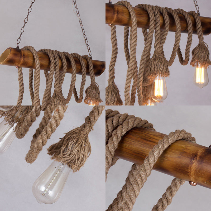 Country Adjustable Rope Island Light 3/4/6-Light Bamboo Island Pendant Light with Bare Bulb in Beige Clearhalo 'Ceiling Lights' 'Island Lights' Lighting' 84383