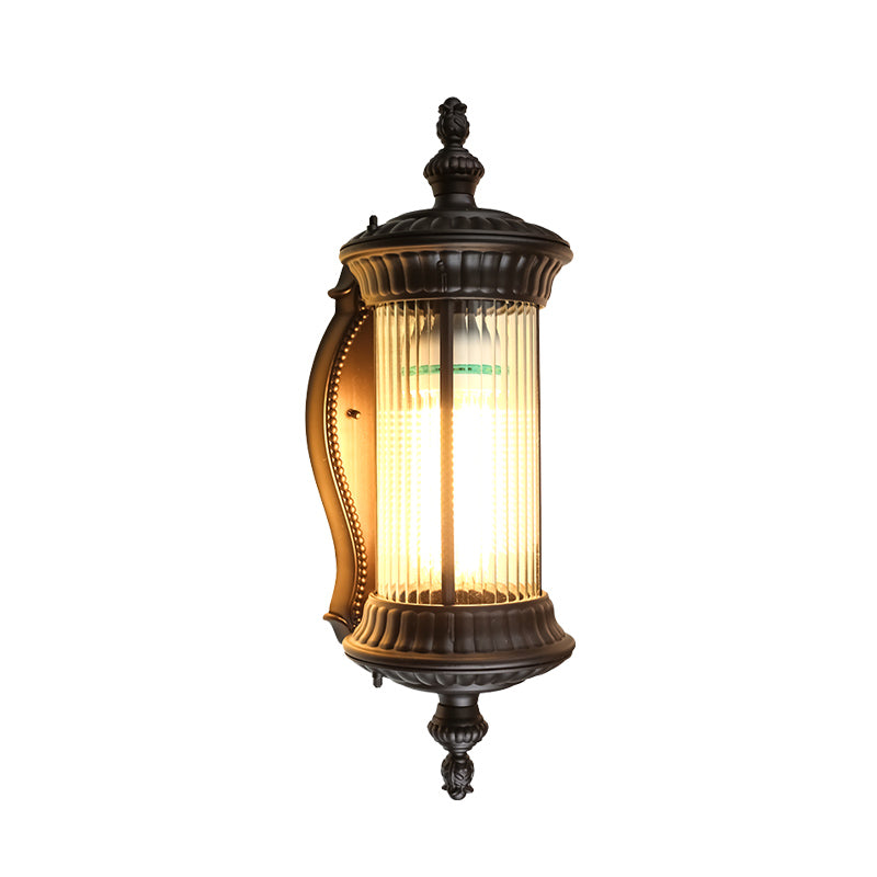 Lodge Cylindrical Sconce Fixture Single Light Clear Prismatic Glass Wall Lamp in Dark Coffee Clearhalo 'Wall Lamps & Sconces' 'Wall Lights' Lighting' 849665