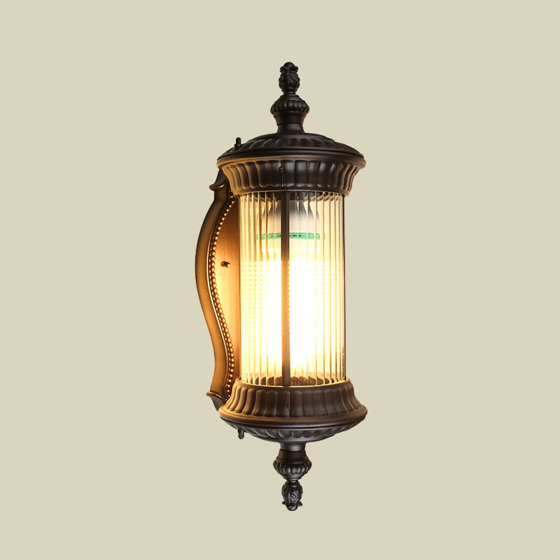 Lodge Cylindrical Sconce Fixture Single Light Clear Prismatic Glass Wall Lamp in Dark Coffee Clearhalo 'Wall Lamps & Sconces' 'Wall Lights' Lighting' 849666