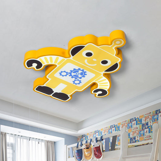 Robot Kindergarten Ceiling Lamp Iron Integrated LED Cartoon Flush Mount Fixture in Yellow/Blue/Green Yellow Clearhalo 'Ceiling Lights' 'Close To Ceiling Lights' 'Close to ceiling' 'Flush mount' Lighting' 849676