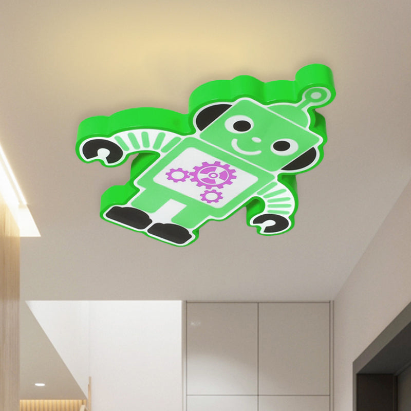 Robot Kindergarten Ceiling Lamp Iron Integrated LED Cartoon Flush Mount Fixture in Yellow/Blue/Green Green Clearhalo 'Ceiling Lights' 'Close To Ceiling Lights' 'Close to ceiling' 'Flush mount' Lighting' 849680