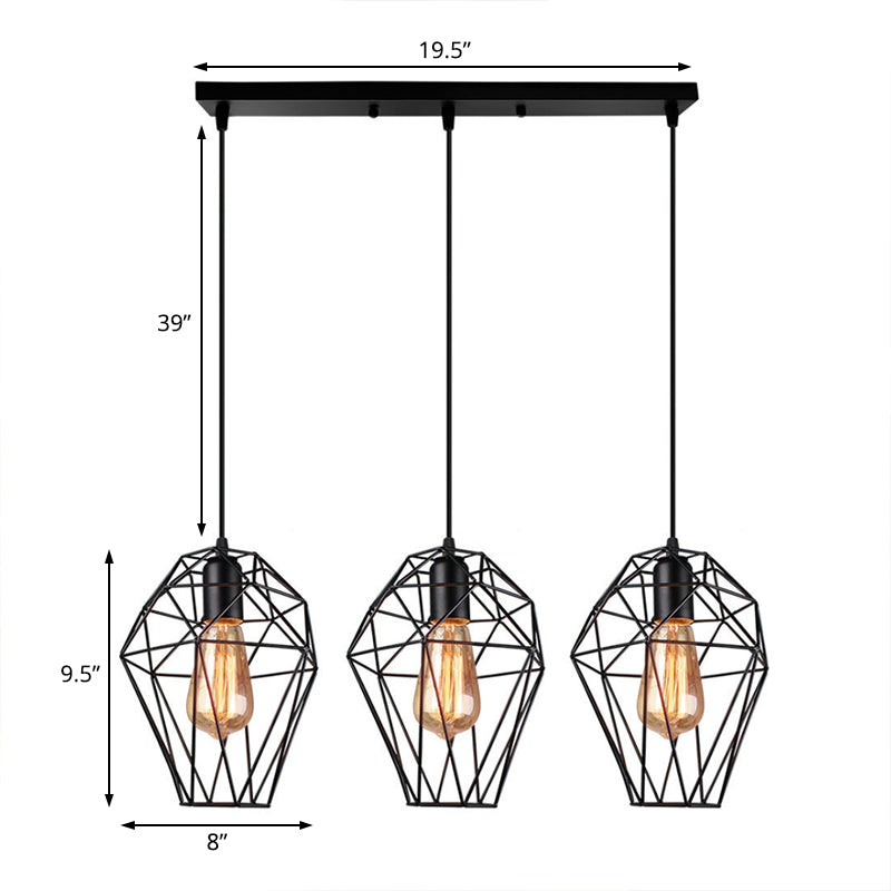 Metallic Black Suspended Light Geometric 3 Bulbs Vintage Ceiling Pendant Lamp with Cage Shade and Round/Linear Canopy Clearhalo 'Art Deco Pendants' 'Black' 'Cast Iron' 'Ceiling Lights' 'Ceramic' 'Crystal' 'Industrial Pendants' 'Industrial' 'Metal' 'Middle Century Pendants' 'Pendant Lights' 'Pendants' 'Rustic Pendants' 'Tiffany' Lighting' 85132