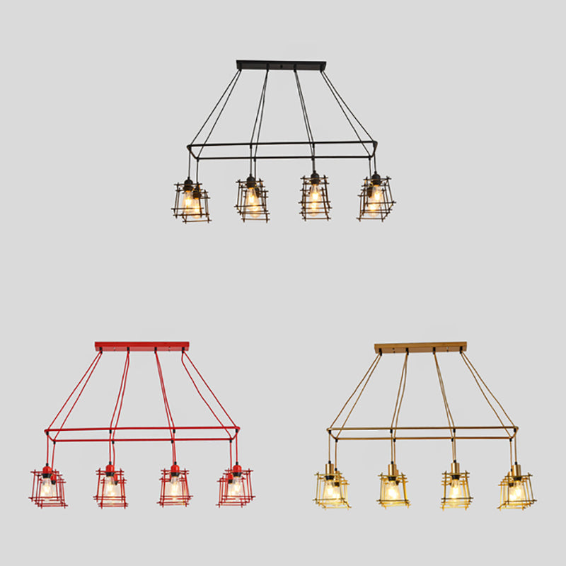 8 Bulbs Linear Island Pendant Light with Squared Cage Shade Industrial Style Black/Red Metal Island Lamp Clearhalo 'Ceiling Lights' 'Island Lights' Lighting' 85141