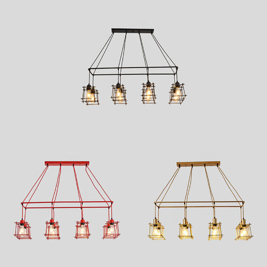 8 Bulbs Linear Island Pendant Light with Squared Cage Shade Industrial Style Black/Red Metal Island Lamp Clearhalo 'Ceiling Lights' 'Island Lights' Lighting' 85141