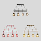 8 Bulbs Linear Island Pendant Light with Squared Cage Shade Industrial Style Black/Red Metal Island Lamp Clearhalo 'Ceiling Lights' 'Island Lights' Lighting' 85141