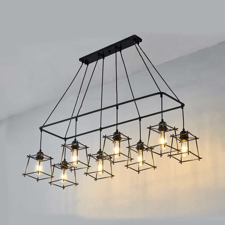 8 Bulbs Linear Island Pendant Light with Squared Cage Shade Industrial Style Black/Red Metal Island Lamp Clearhalo 'Ceiling Lights' 'Island Lights' Lighting' 85142