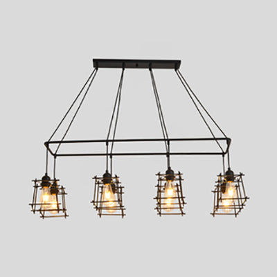 8 Bulbs Linear Island Pendant Light with Squared Cage Shade Industrial Style Black/Red Metal Island Lamp Black Clearhalo 'Ceiling Lights' 'Island Lights' Lighting' 85143