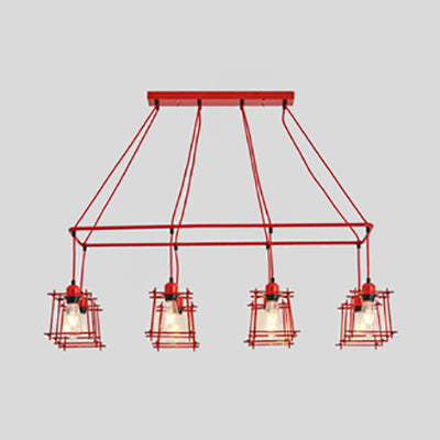 8 Bulbs Linear Island Pendant Light with Squared Cage Shade Industrial Style Black/Red Metal Island Lamp Red Clearhalo 'Ceiling Lights' 'Island Lights' Lighting' 85144