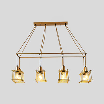 8 Bulbs Linear Island Pendant Light with Squared Cage Shade Industrial Style Black/Red Metal Island Lamp Gold Clearhalo 'Ceiling Lights' 'Island Lights' Lighting' 85145