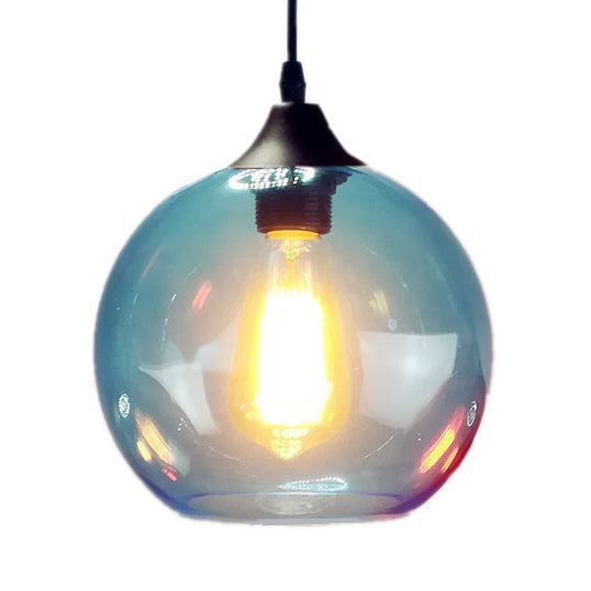 Globe Pendant Light Industrial 1 Light 8"/10" Wide Grey/Red/Blue Glass Hanging Lamp in Black Blue Clearhalo 'Ceiling Lights' 'Close To Ceiling Lights' 'Glass shade' 'Glass' 'Industrial Pendants' 'Industrial' 'Middle Century Pendants' 'Pendant Lights' 'Pendants' 'Tiffany' Lighting' 85223