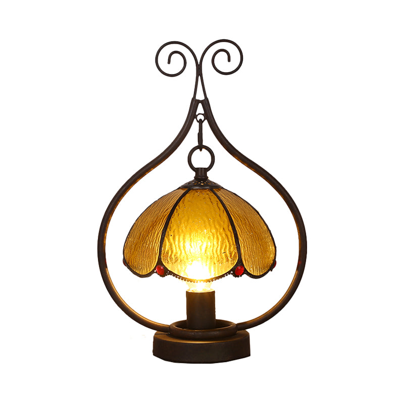 Bronze 1 Head Table Lamp Tiffany Amber Glass Scallop-Edge Dome Night Light with Scroll Ring Arm Clearhalo 'Lamps' 'Table Lamps' Lighting' 852252