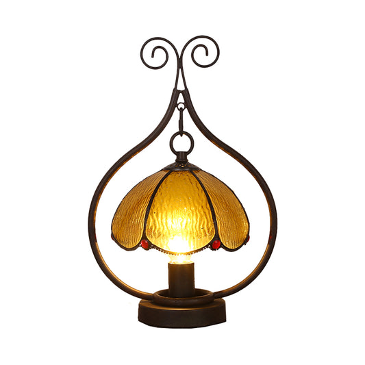 Bronze 1 Head Table Lamp Tiffany Amber Glass Scallop-Edge Dome Night Light with Scroll Ring Arm Clearhalo 'Lamps' 'Table Lamps' Lighting' 852252