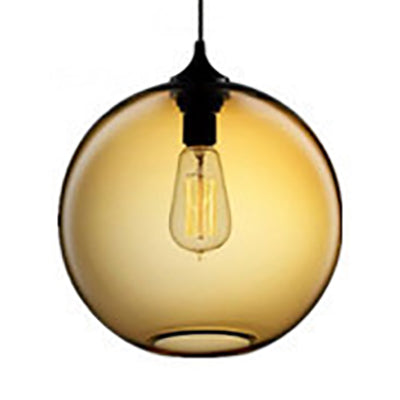 Globe Pendant Light Industrial 1 Light 8"/10" Wide Grey/Red/Blue Glass Hanging Lamp in Black Amber Clearhalo 'Ceiling Lights' 'Close To Ceiling Lights' 'Glass shade' 'Glass' 'Industrial Pendants' 'Industrial' 'Middle Century Pendants' 'Pendant Lights' 'Pendants' 'Tiffany' Lighting' 85226