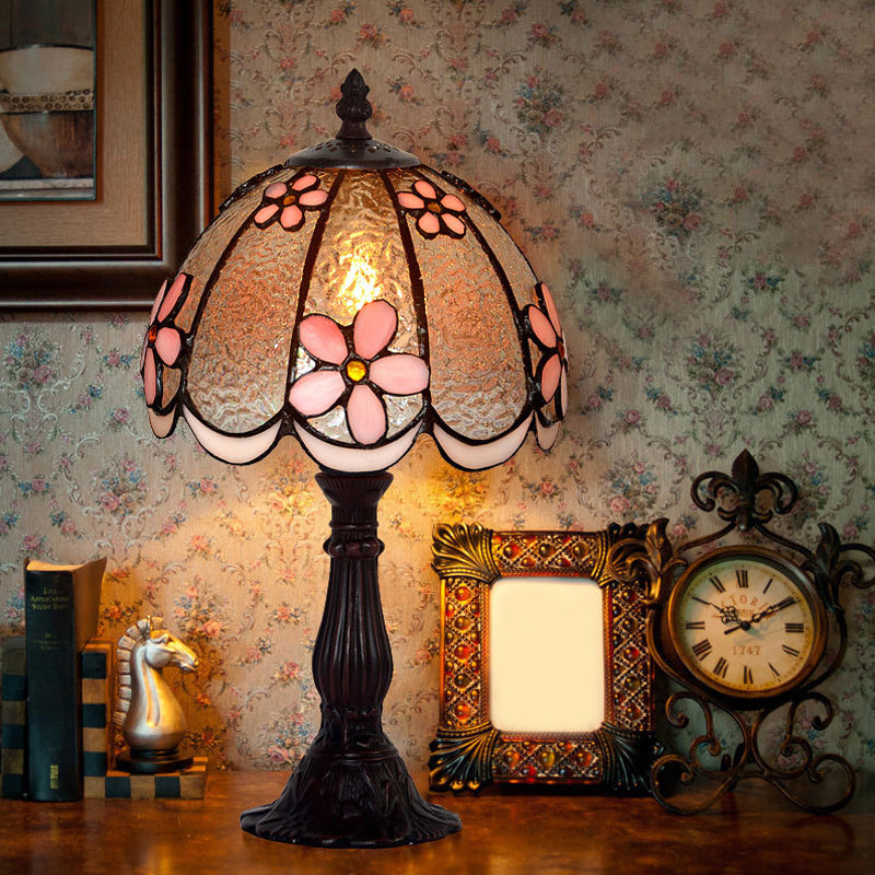 Scalloped-Trim Dome Table Lamp Tiffany Ice Clear Glass Single White/Coffee Night Light with Flower Pattern Coffee Clearhalo 'Lamps' 'Table Lamps' Lighting' 852262