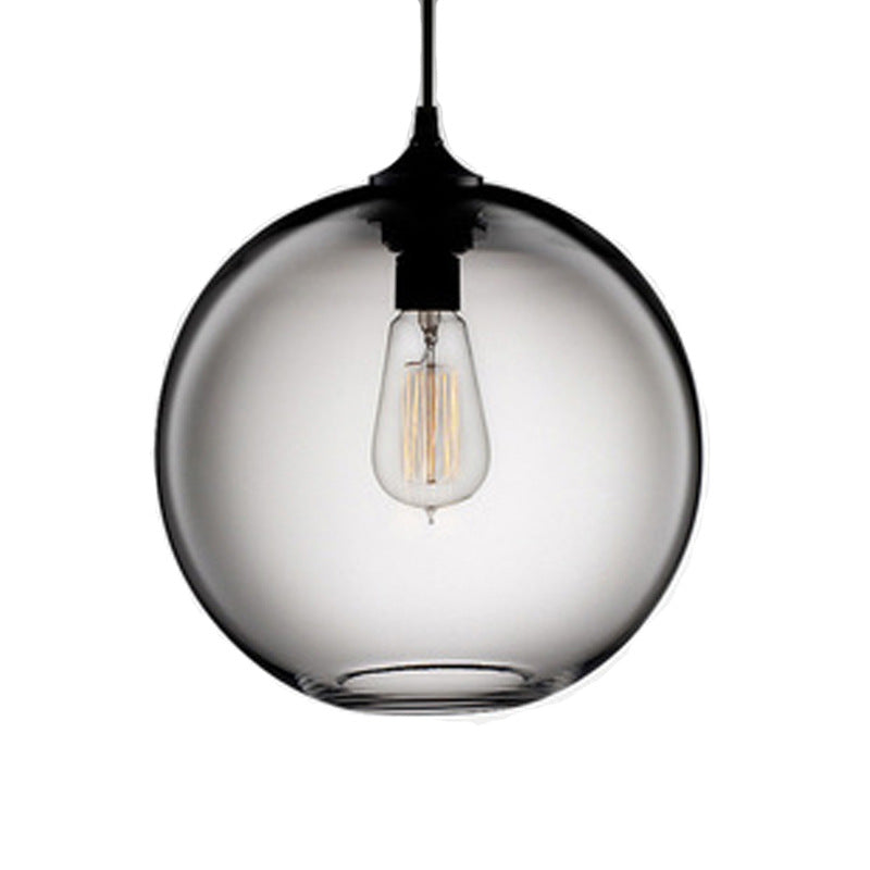 Globe Pendant Light Industrial 1 Light 8"/10" Wide Grey/Red/Blue Glass Hanging Lamp in Black Grey Clearhalo 'Ceiling Lights' 'Close To Ceiling Lights' 'Glass shade' 'Glass' 'Industrial Pendants' 'Industrial' 'Middle Century Pendants' 'Pendant Lights' 'Pendants' 'Tiffany' Lighting' 85228