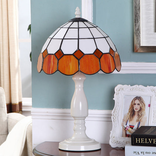Baroque Gridded Dome Shade Night Light 1 Head Orange-White Stained Glass Table Lighting Orange Clearhalo 'Lamps' 'Table Lamps' Lighting' 852318
