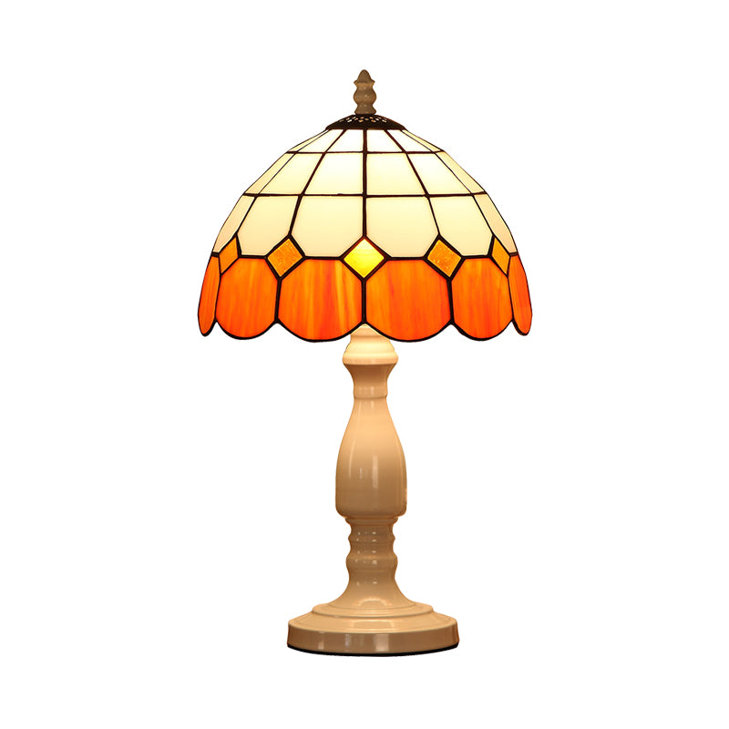 Baroque Gridded Dome Shade Night Light 1 Head Orange-White Stained Glass Table Lighting Clearhalo 'Lamps' 'Table Lamps' Lighting' 852320