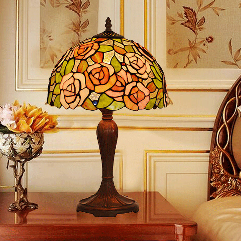 Bronze Single Nightstand Light Tiffany Stained Art Glass Peony Table Lamp with Dome Shade Coffee Clearhalo 'Lamps' 'Table Lamps' Lighting' 852398