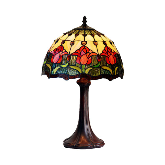 Flower Patterned Table Light Tiffany Style Stained Glass 1 Bulb Bronze Night Lamp Clearhalo 'Lamps' 'Table Lamps' Lighting' 852403