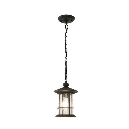 Lodge Lantern Hanging Pendant 1-Bulb Clear Glass Ceiling Suspension Lamp in Black for Balcony Clearhalo 'Ceiling Lights' 'Glass shade' 'Glass' 'Pendant Lights' 'Pendants' Lighting' 852432