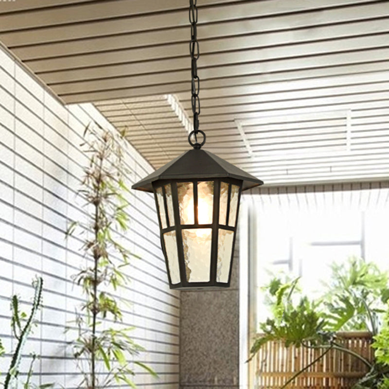 Ripple Glass Black Drop Lamp Birdcage Single Head Retro Pendant Lighting Fixture for Outdoor Black Clearhalo 'Ceiling Lights' 'Glass shade' 'Glass' 'Pendant Lights' 'Pendants' Lighting' 852438