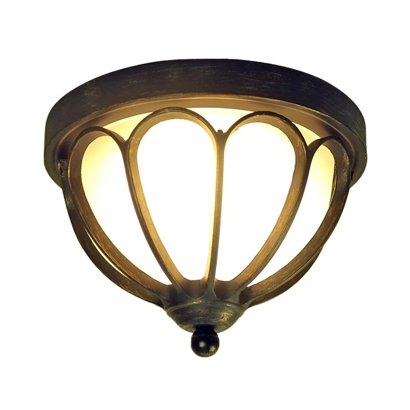 LED Ceiling Light Fixture Rustic Bowl Cream Glass Flush Mount Lamp in Black with Metal Cage Clearhalo 'Ceiling Lights' 'Close To Ceiling Lights' 'Close to ceiling' 'Flush mount' Lighting' 852464