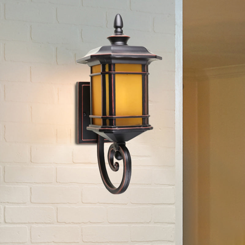 Rustic Lantern Wall Light Sconce 1 Head Yellow Glass Wall Lighting Fixture in Coffee with Scrolled Arm Clearhalo 'Wall Lamps & Sconces' 'Wall Lights' Lighting' 852471