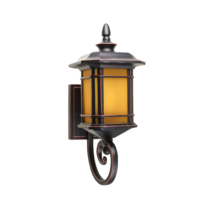 Rustic Lantern Wall Light Sconce 1 Head Yellow Glass Wall Lighting Fixture in Coffee with Scrolled Arm Clearhalo 'Wall Lamps & Sconces' 'Wall Lights' Lighting' 852472