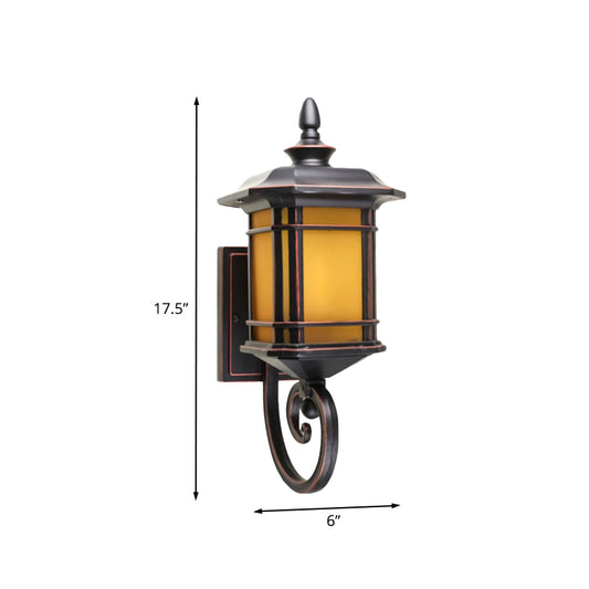 Rustic Lantern Wall Light Sconce 1 Head Yellow Glass Wall Lighting Fixture in Coffee with Scrolled Arm Clearhalo 'Wall Lamps & Sconces' 'Wall Lights' Lighting' 852473