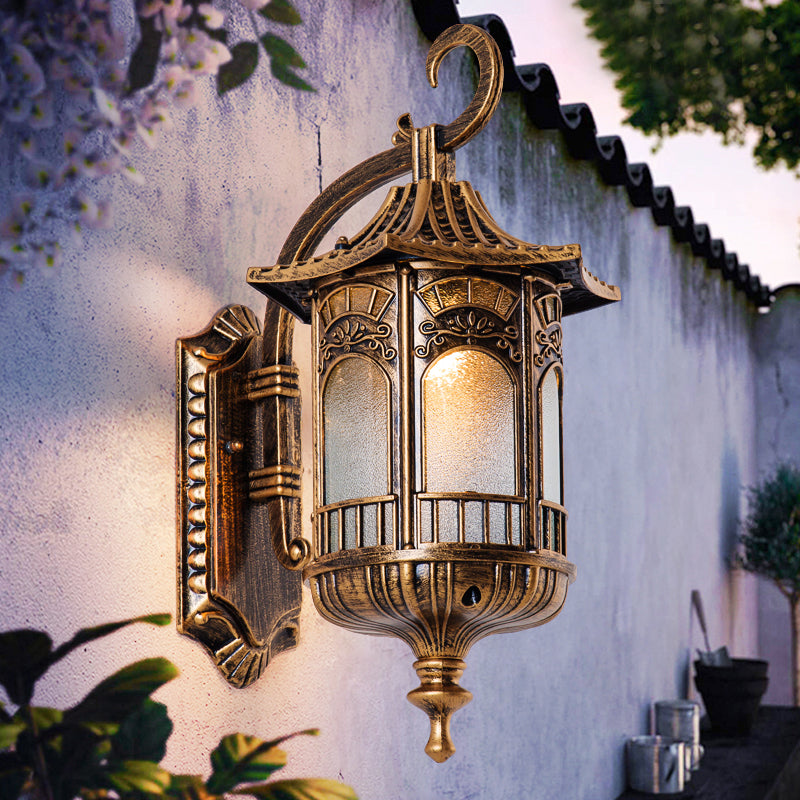 Metal Bronze Sconce Light Fixture Lantern 1 Head Rustic Wall Lighting with Frosted Glass Shade Bronze Clearhalo 'Wall Lamps & Sconces' 'Wall Lights' Lighting' 852474