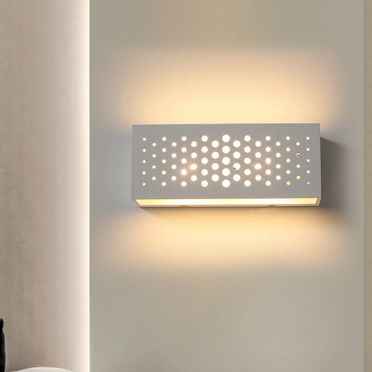Rectangle Box Wall Sconce with Laser Cut Design Minimalist Gypsum 1 Head Bedroom Wall Light Fixture in White White Clearhalo 'Modern wall lights' 'Modern' 'Wall Lamps & Sconces' 'Wall Lights' Lighting' 852486