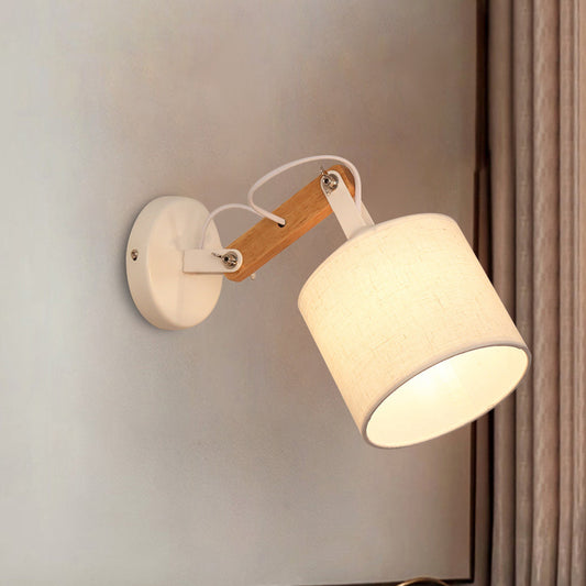Fabric Cylinder Wall Mount Lighting Modernist 1 Bulb White Wall Lamp with Adjustable Wood Arm Wood Clearhalo 'Modern wall lights' 'Modern' 'Wall Lamps & Sconces' 'Wall Lights' Lighting' 852502
