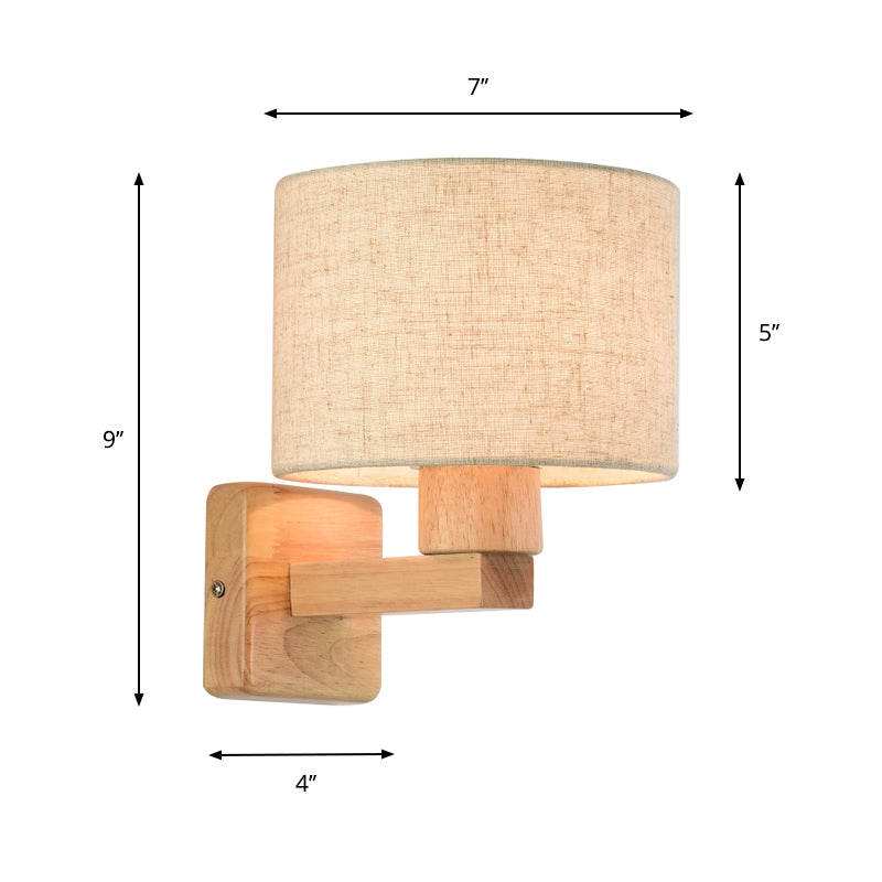 Drum Bedroom Wall Lamp Fixture Fabric 1-Light Asian Style Wall Mount Lighting with Wood Arm Clearhalo 'Wall Lamps & Sconces' 'Wall Lights' Lighting' 852509