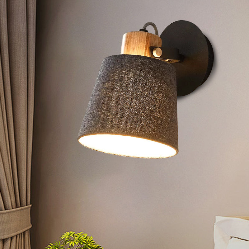 1 Head Wood Wall Lighting Modernism Black Wall Mounted Lamp with Barrel Fabric Shade Clearhalo 'Modern wall lights' 'Modern' 'Wall Lamps & Sconces' 'Wall Lights' Lighting' 852511