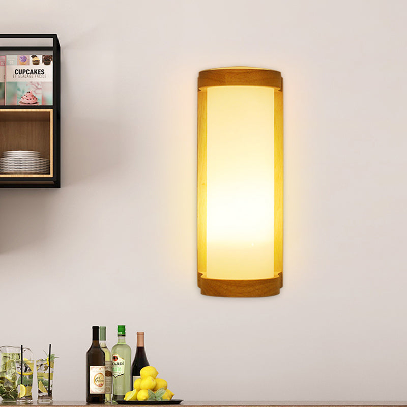 Cylinder Cream Glass Sconce Lighting Japanese Style 1 Light Wood Wall Lamp Fixture for Corner Wood Clearhalo 'Wall Lamps & Sconces' 'Wall Lights' Lighting' 852524